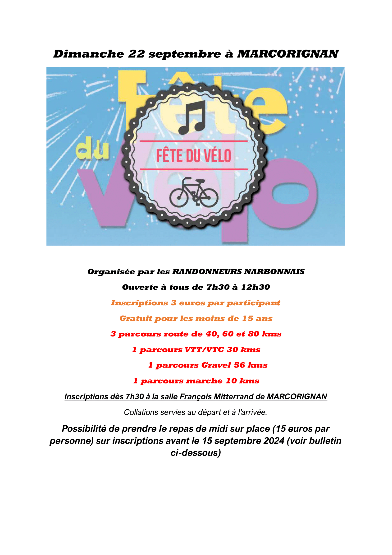 Programme FETE du VELO et BULLETIN d INSCRIPTION REPAS 1